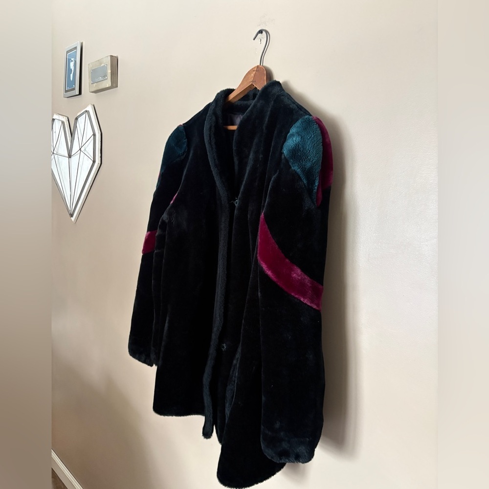 Vintage 1970s Borgazia black faux fur coat glam retro disco striped sz L/XL RARE